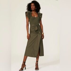 Ulla Johnson Olive Green Isabella Ruffle Midi Dress